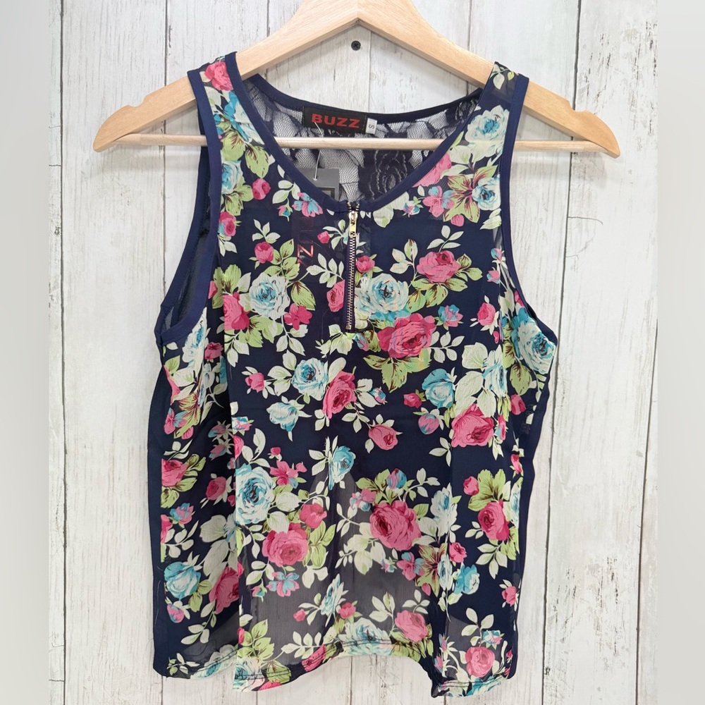 Buzz Sheer Lace  Foral Romantic Crop Top Navy Blue Small Summer New With Tages
